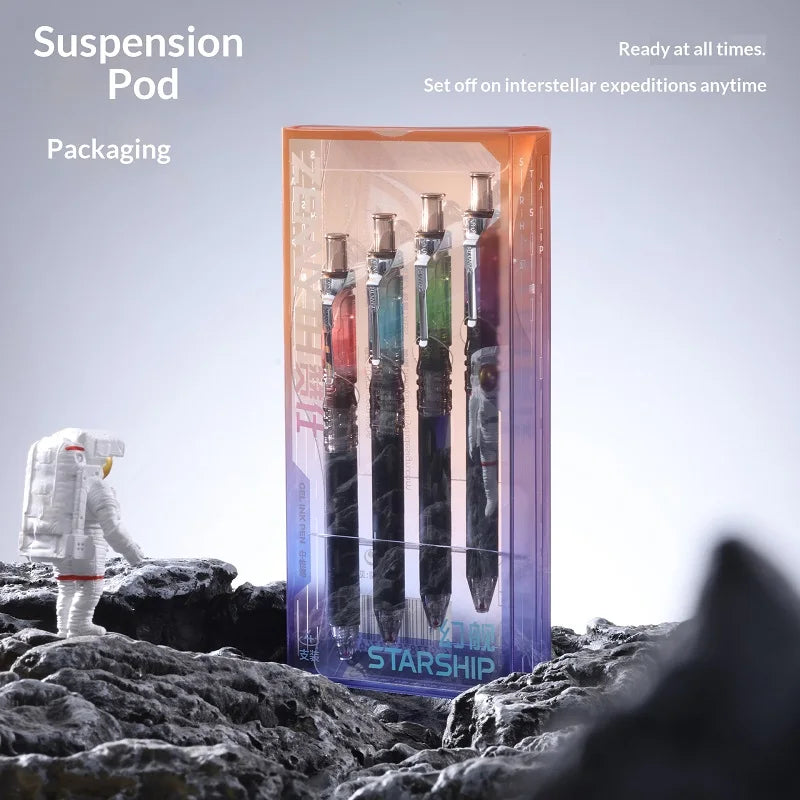 A clear packaging box for a Suspension Pod product with several pens inside, set against a rocky outdoor background.