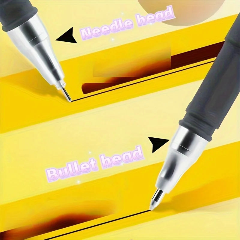Close-up view of a black ink writing set showing both a needle head and a bullet head tip on a yellow surface.
