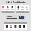 Dispositivo lector de tarjetas 3 en 1 mostrando tipos de tarjetas SD y USB, incluyendo Micro SD, SDHC, SDXC y MMC.