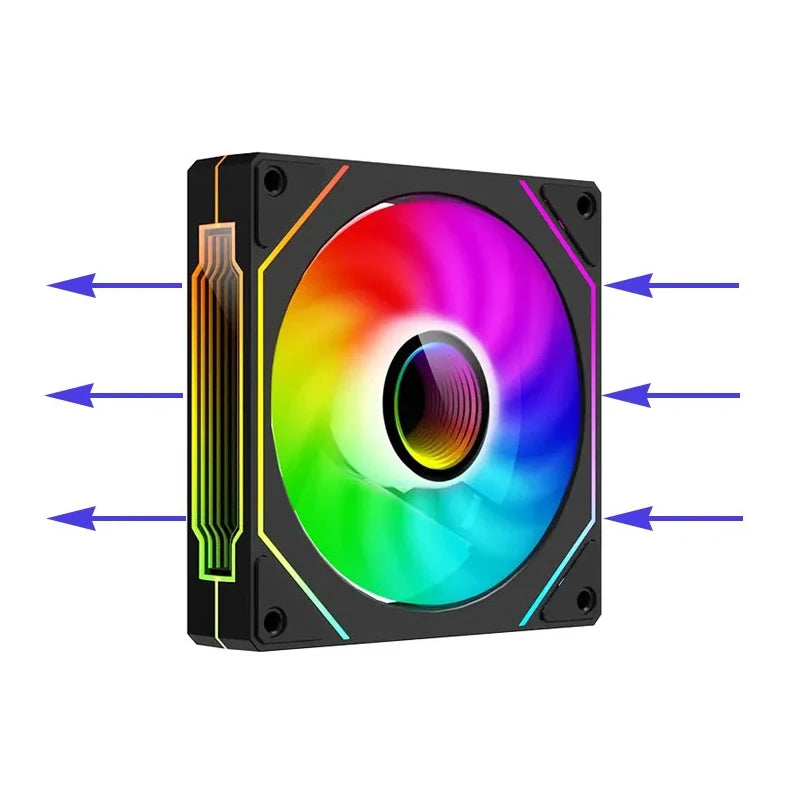 A black ARGB PC case cooling fan with a colorful, rotating light pattern visible through the center.