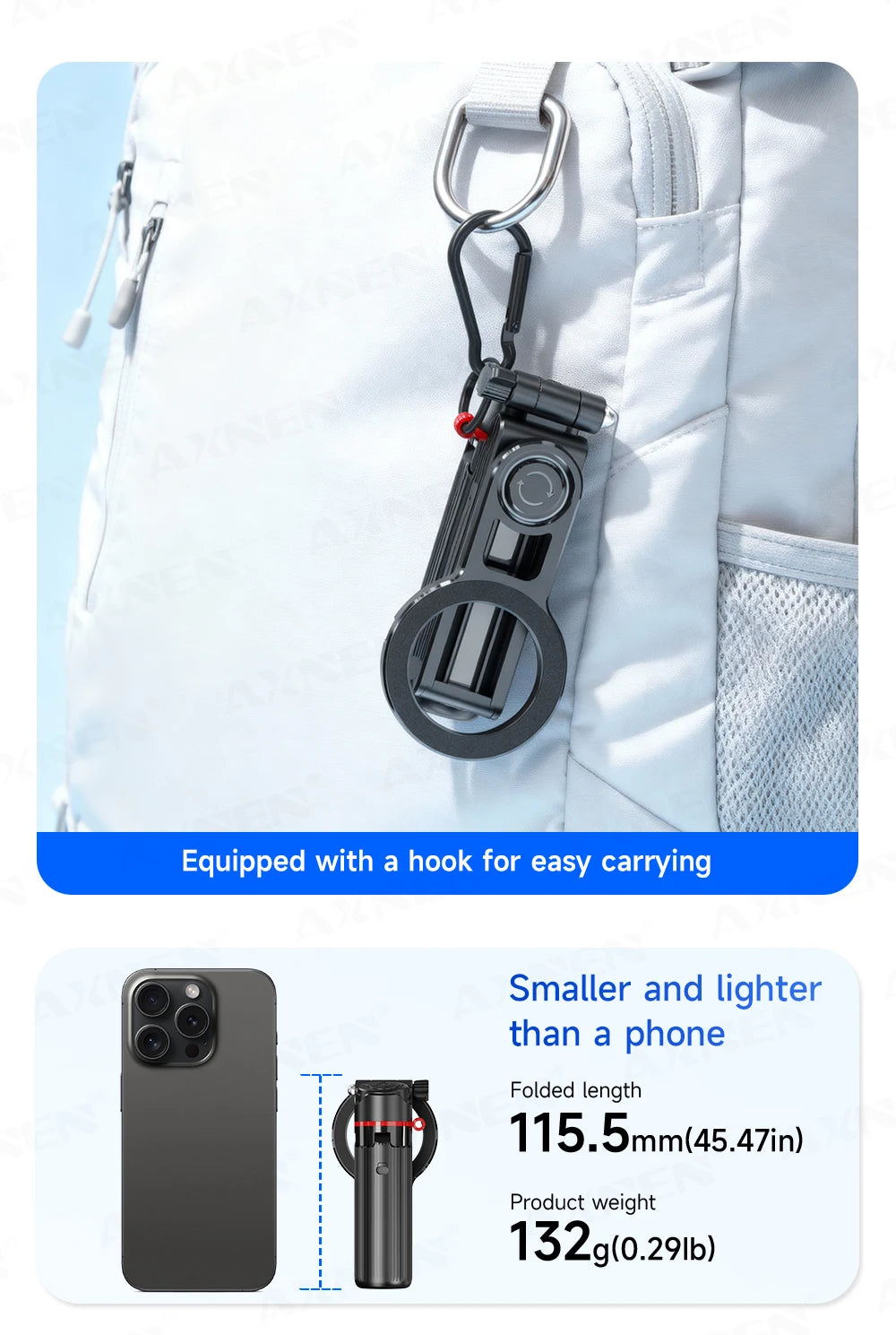 A white camera bag shows a magnetic selfie stick tripod attached for easy carrying.