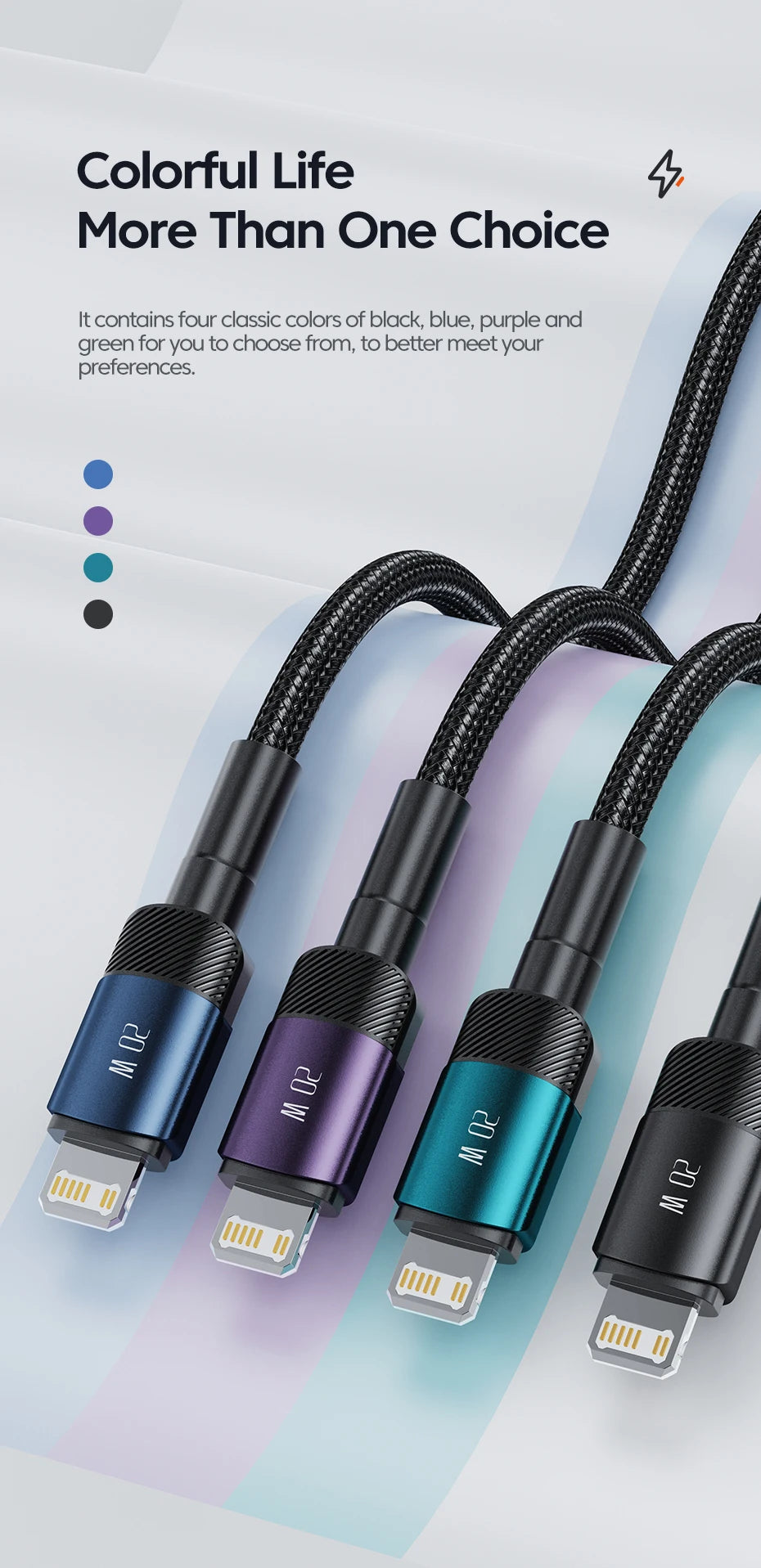 Four colored 20W PD fast charging cables for iPhone and Android devices