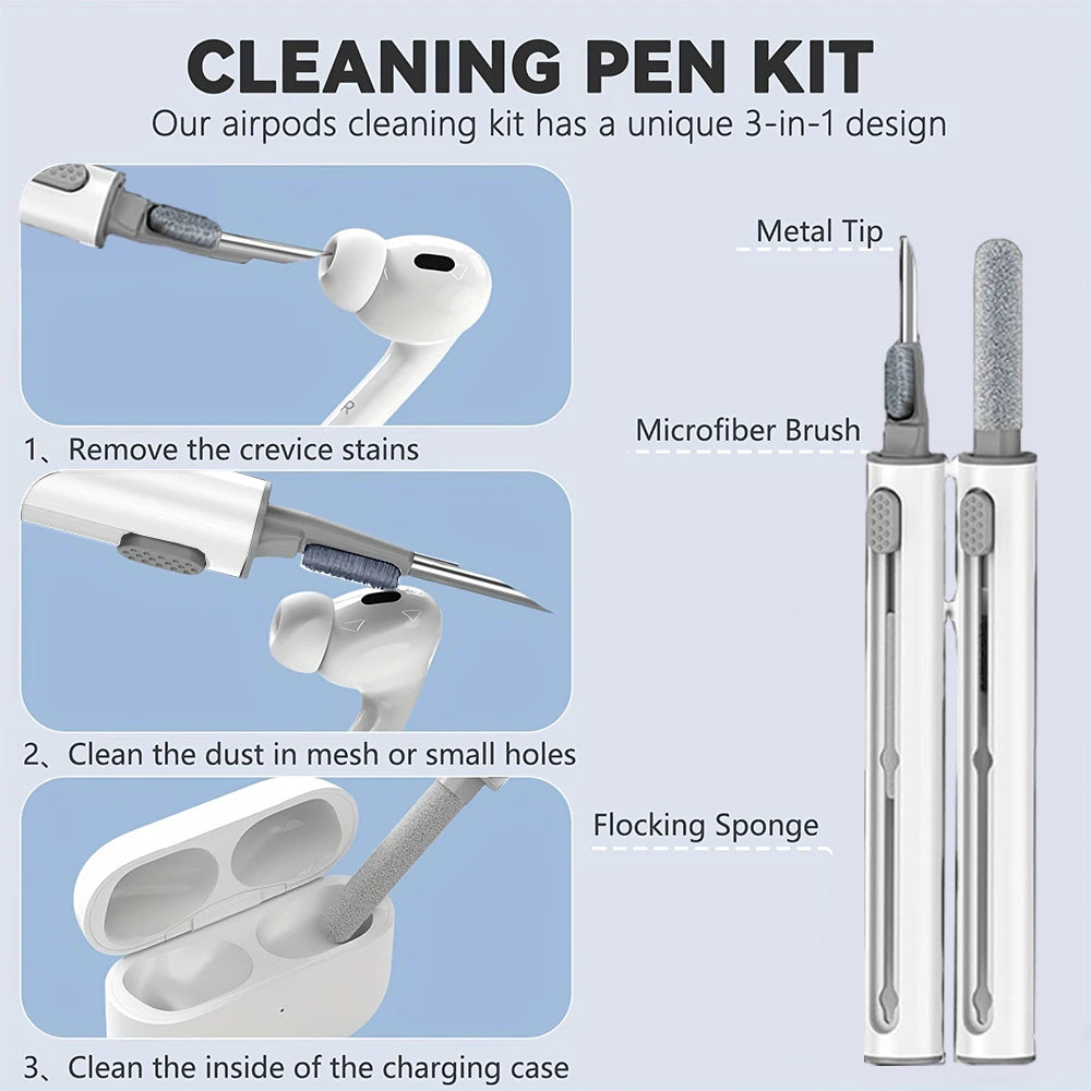 A cleaning pen kit for AirPods featuring a metal tip, microfiber brush, and flocking sponge for cleaning.