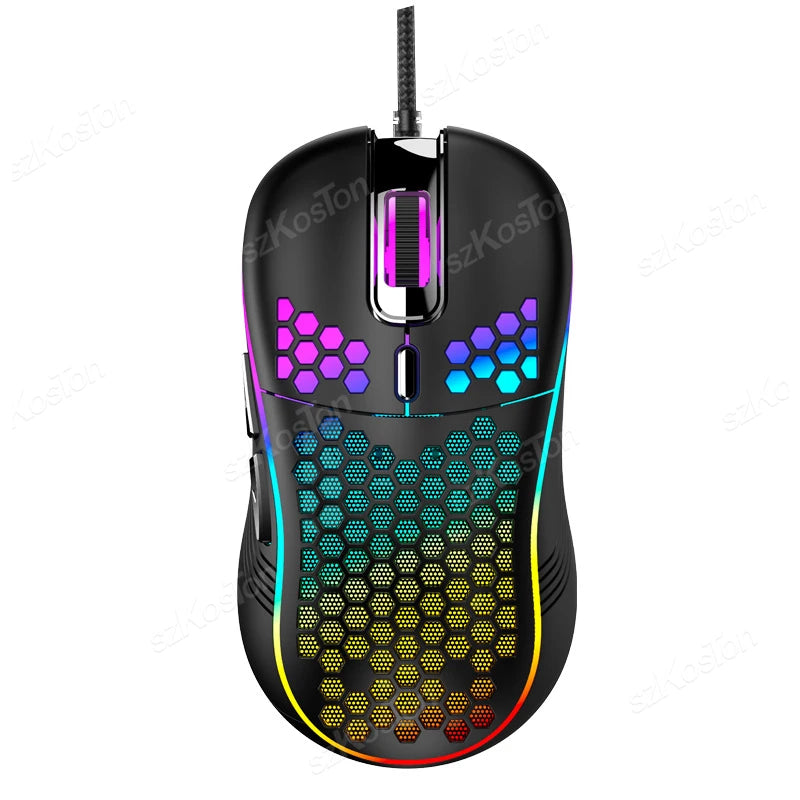 Black honeycomb RGB gaming mouse with colorful accents and adjustable DPI.