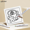 A black and white line drawing of a coffee cup with a leaf pattern, next to a white pen.