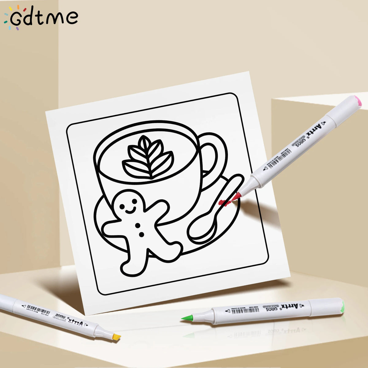 A black and white line drawing of a coffee cup with a leaf pattern, next to a white pen.