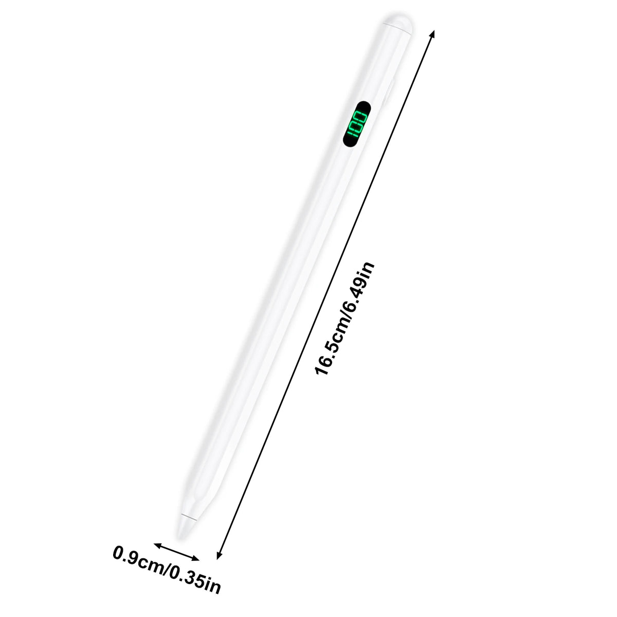 A white magnetic tilt stylus pen shown in a vertical view with dimensions provided.