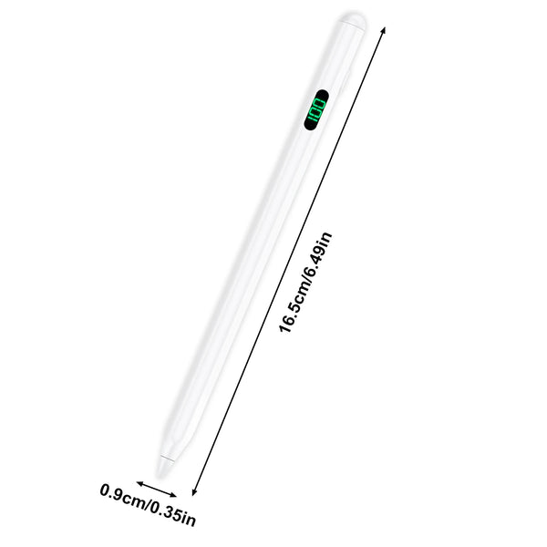 Bolígrafo stylus magnético blanco en vista vertical con dimensiones