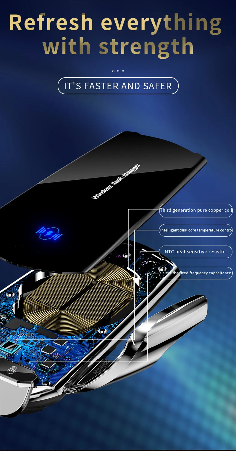 A close-up view of a black wireless car phone mount for an iPhone, showing internal components and a gold-colored coil.