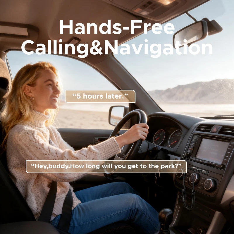 A woman is driving a car and using hands-free calling and navigation features.