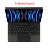 Backlit Touchpad Magic Keyboard for iPad showing a Hebrew layout on the screen