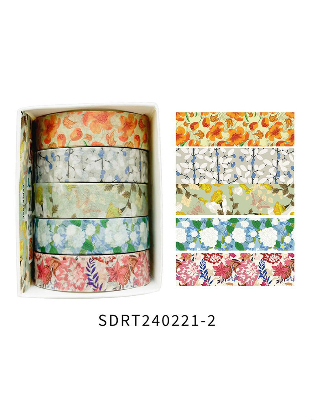 A set of five rolls of floral decorative washi tape in various patterns and colors displayed in a white box.
