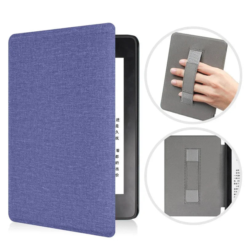 A purple fabric case for a Kindle Paperwhite, shown with an accompanying leather-like protective cover.
