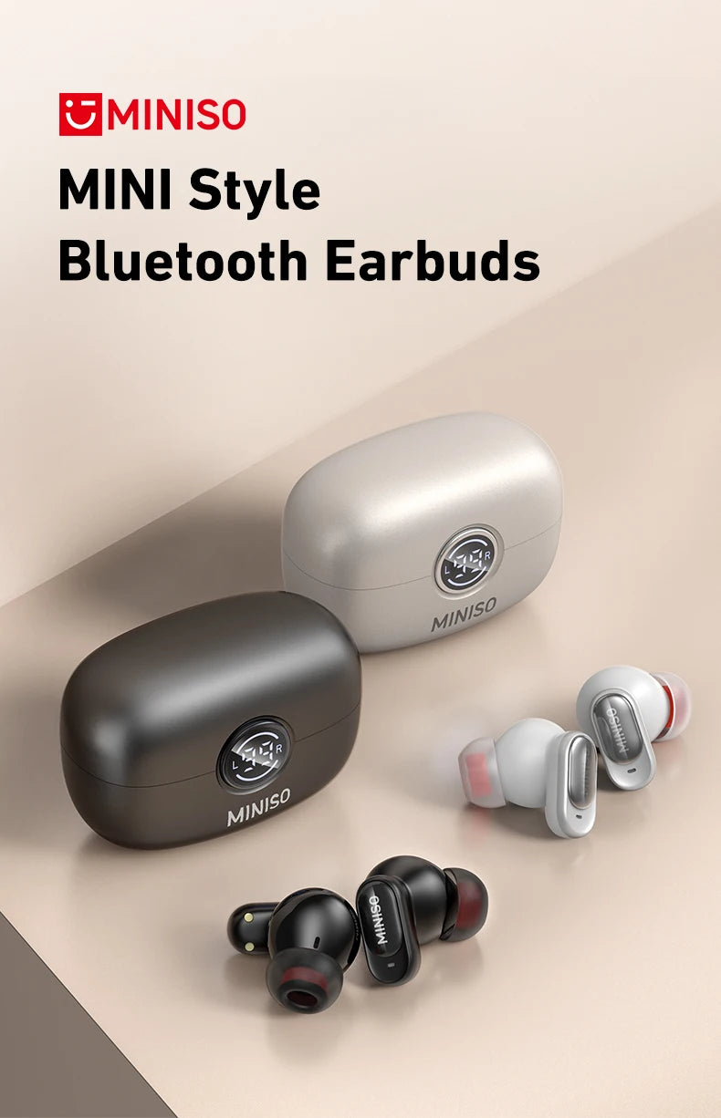 A set of MINISO Mini Style Bluetooth Earbuds shown in various colors and angles on a light background.