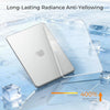 A silver hard shell cover for a MacBook Pro is shown on ice, demonstrating long-lasting radiance anti-yellowing.