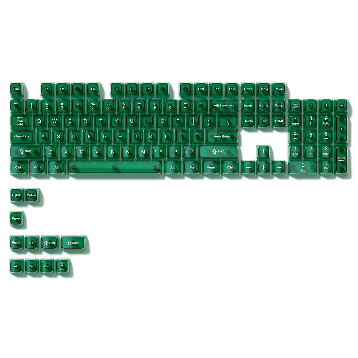A close-up view of a full set of green crystal clear RGB keycaps for a mechanical keyboard.