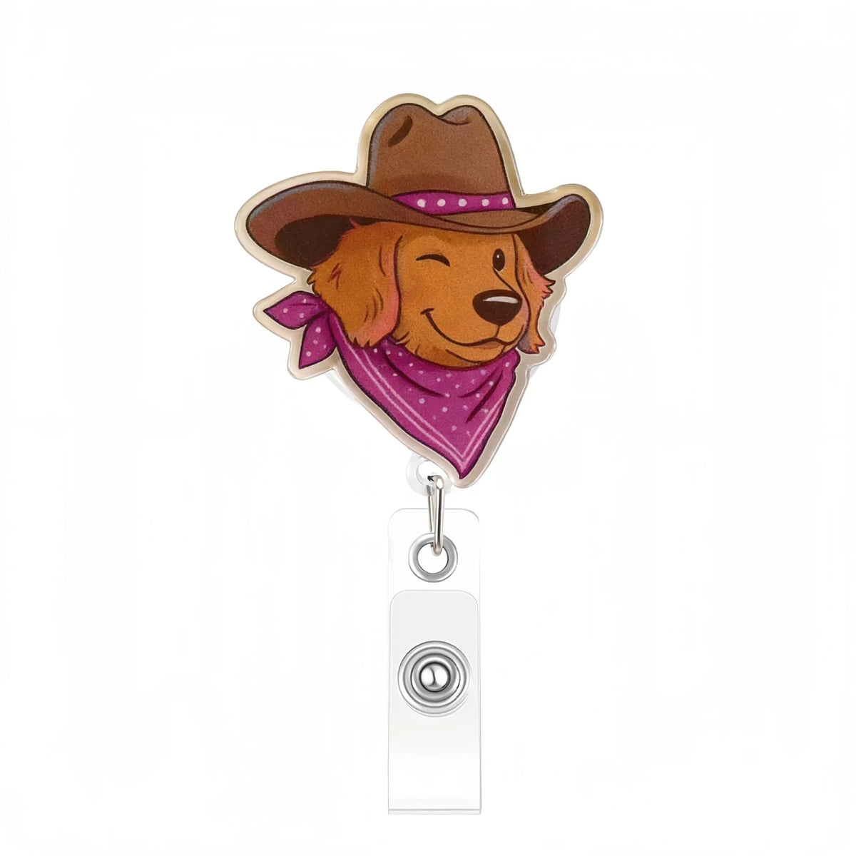 A gold-toned acrylic nurse badge reel featuring a brown dog wearing a purple bandana and a brown cowboy hat.