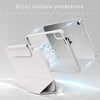 A white magnetic rotating protective case for an Apple iPad is shown with a transparent display.