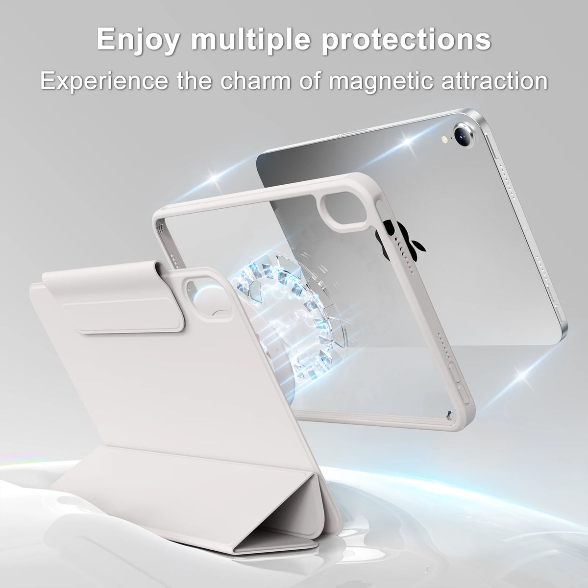 A white magnetic rotating protective case for an Apple iPad is shown with a transparent display.