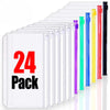 A stack of 24 clear PVC zipper binder pockets in various colors, including purple, blue, yellow, and red.