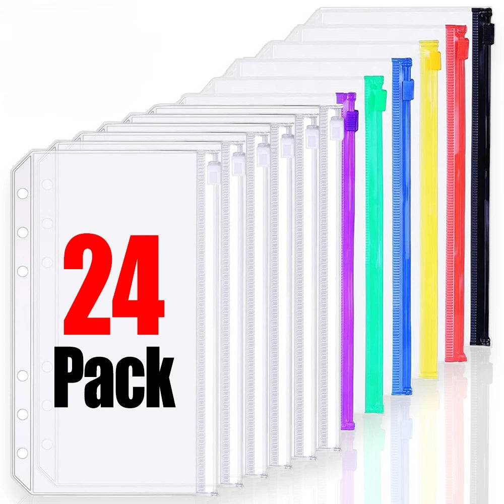 A stack of 24 clear PVC zipper binder pockets in various colors, including purple, blue, yellow, and red.