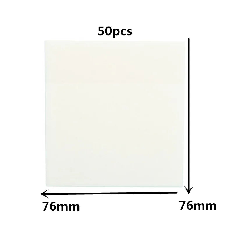 A sheet of white transparent sticky note memo pad, measuring 76mm by 76mm.