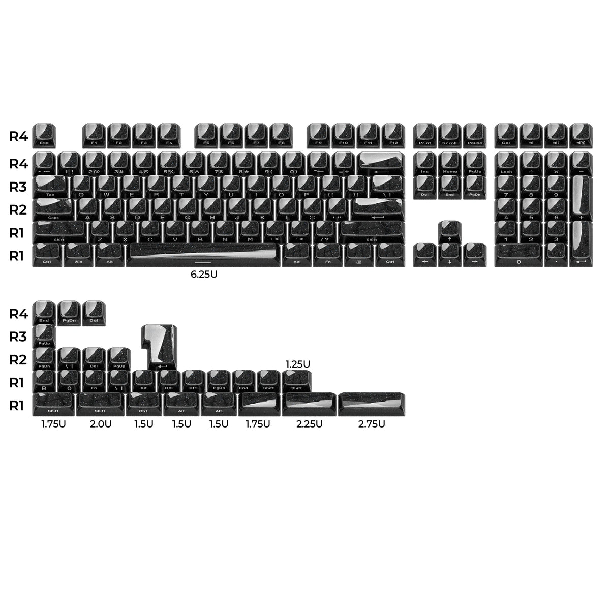A set of translucent keycaps for an OEM profile keyboard, showing various sizes and layouts.