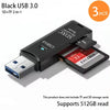 Black USB 3.0 SD+TF 2-in-1 card reader with a flash drive function and three storage cards.
