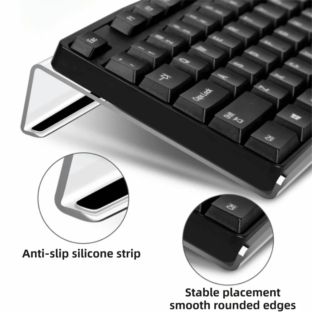 Acrylic keyboard riser stand featuring an anti-slip silicone strip and smooth rounded edges for stable placement.