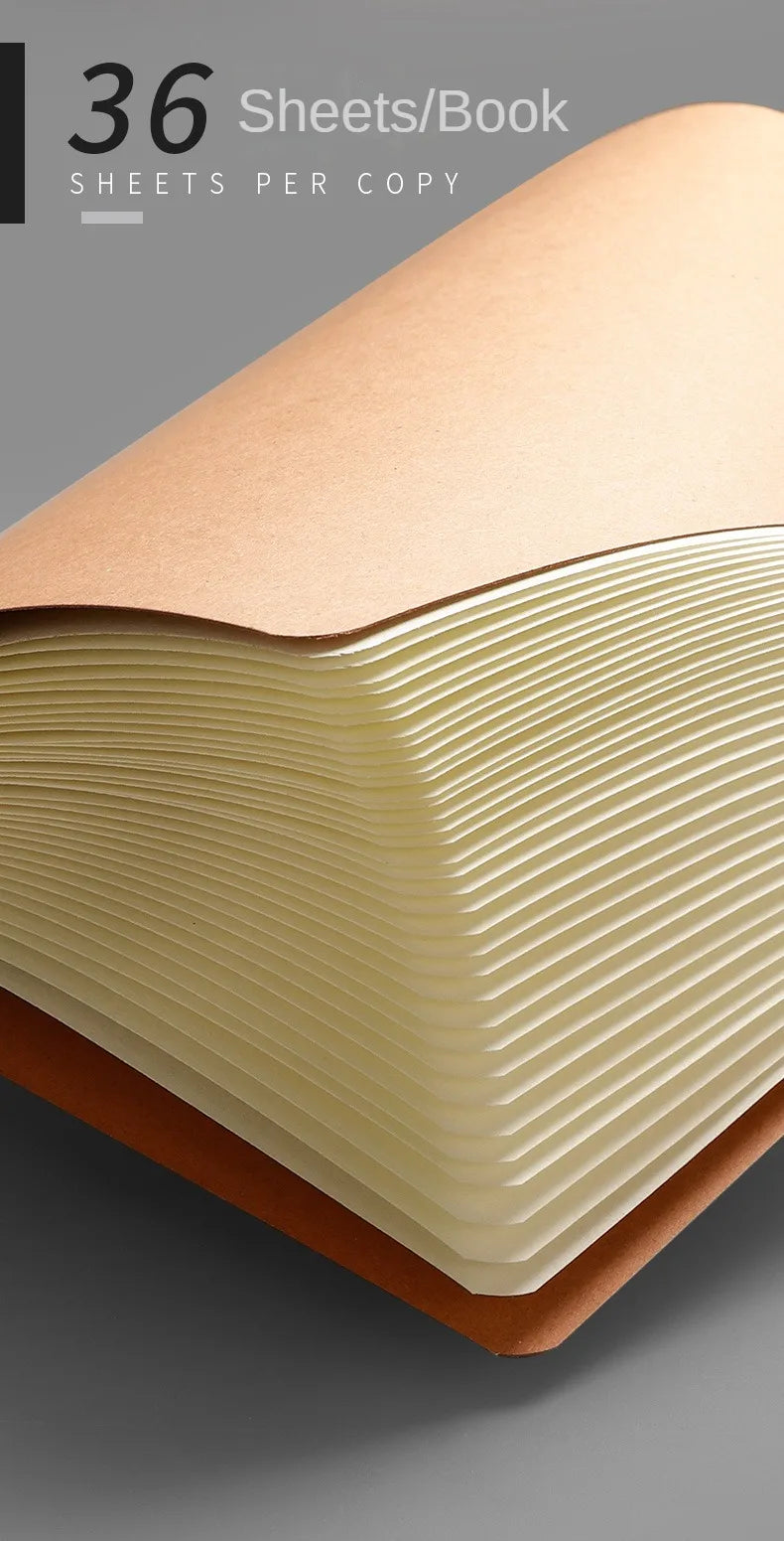 A close-up view of an A5 Kraft cover notebook with 36 sheets per book, showing the layered pages.