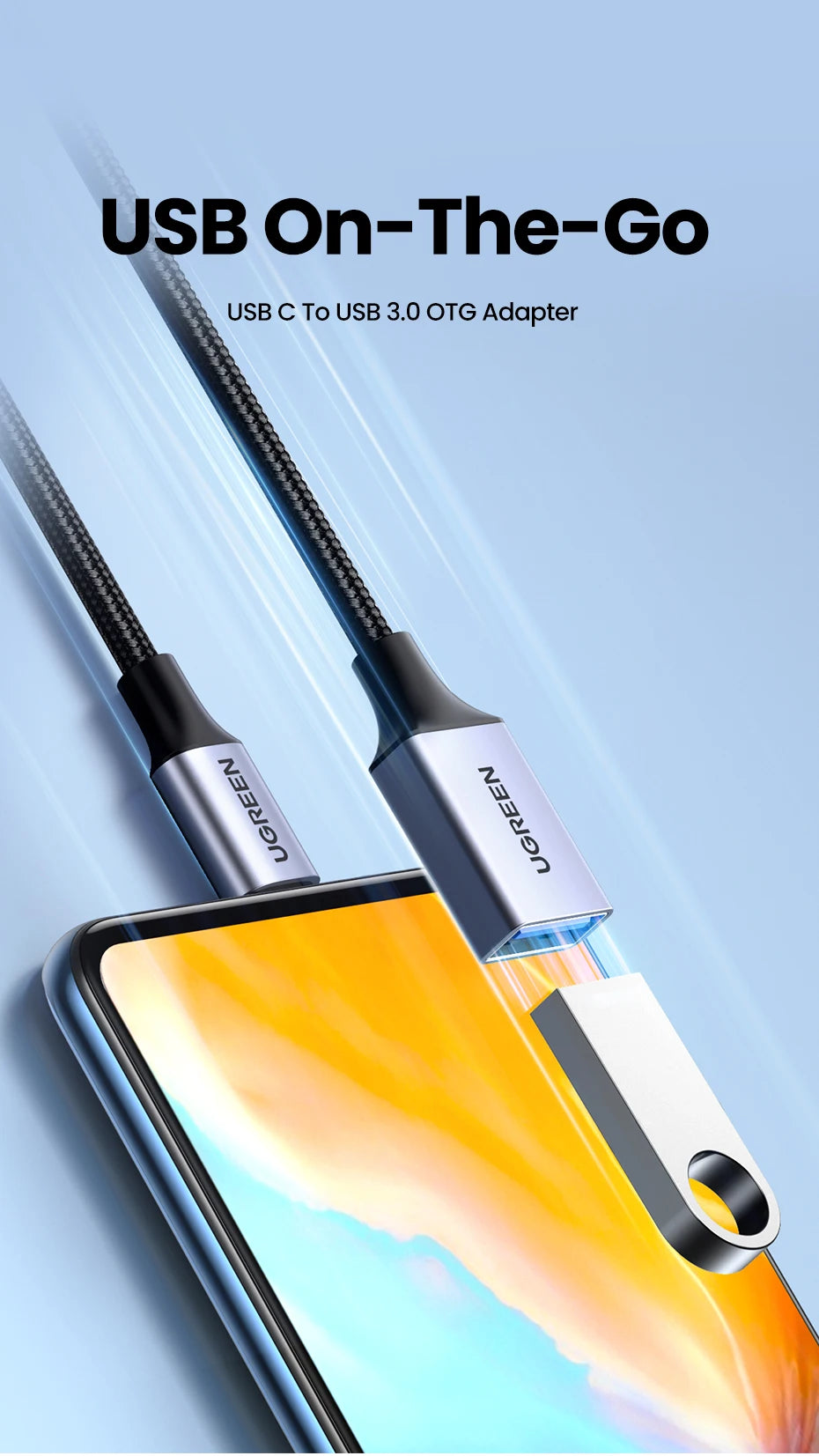 A USB C to USB 3.0 OTG adapter is shown connecting a cable to a smartphone.