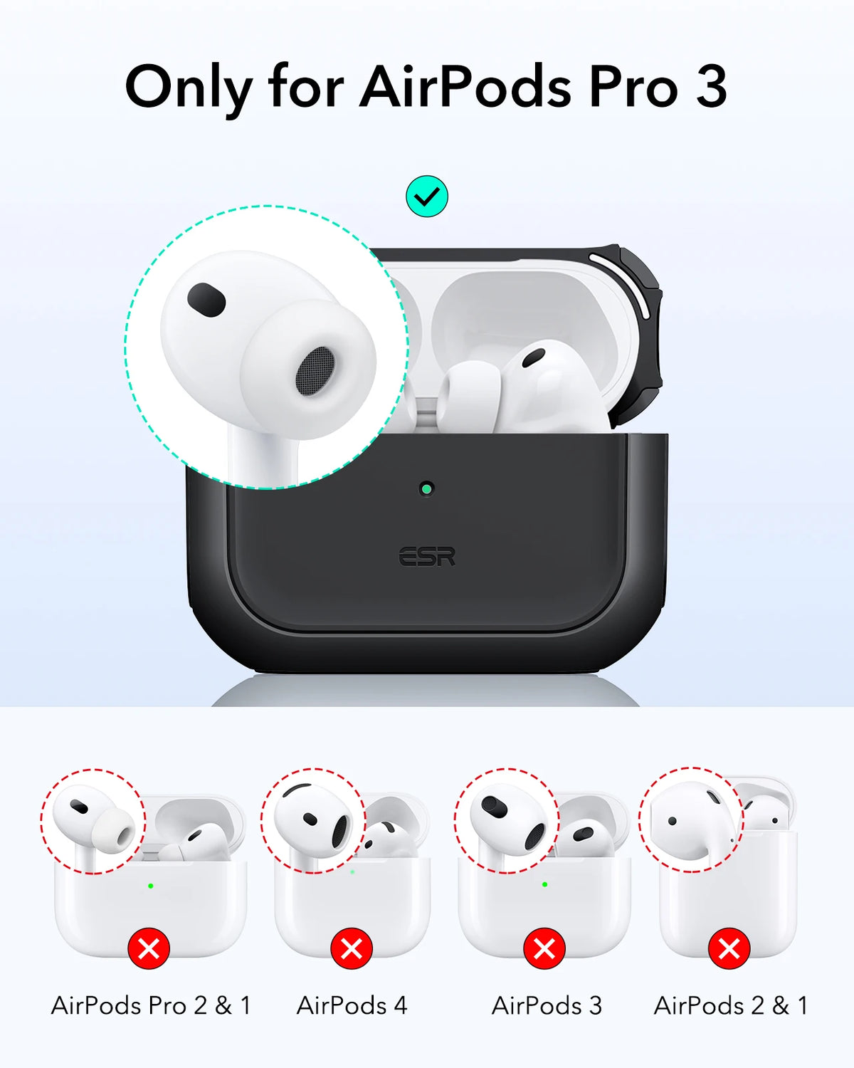 A black magnetic case designed for AirPods Pro 3, shown alongside various AirPod models.