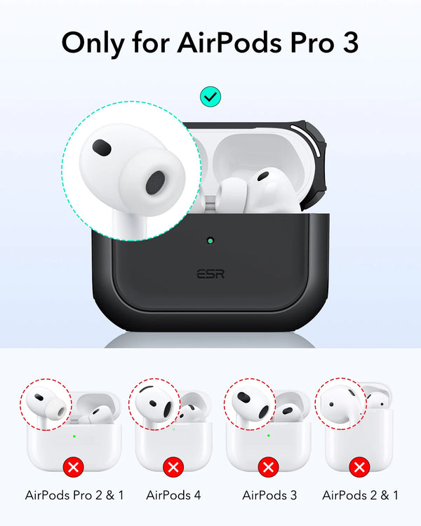 A black magnetic case designed for AirPods Pro 3, shown alongside various AirPod models.