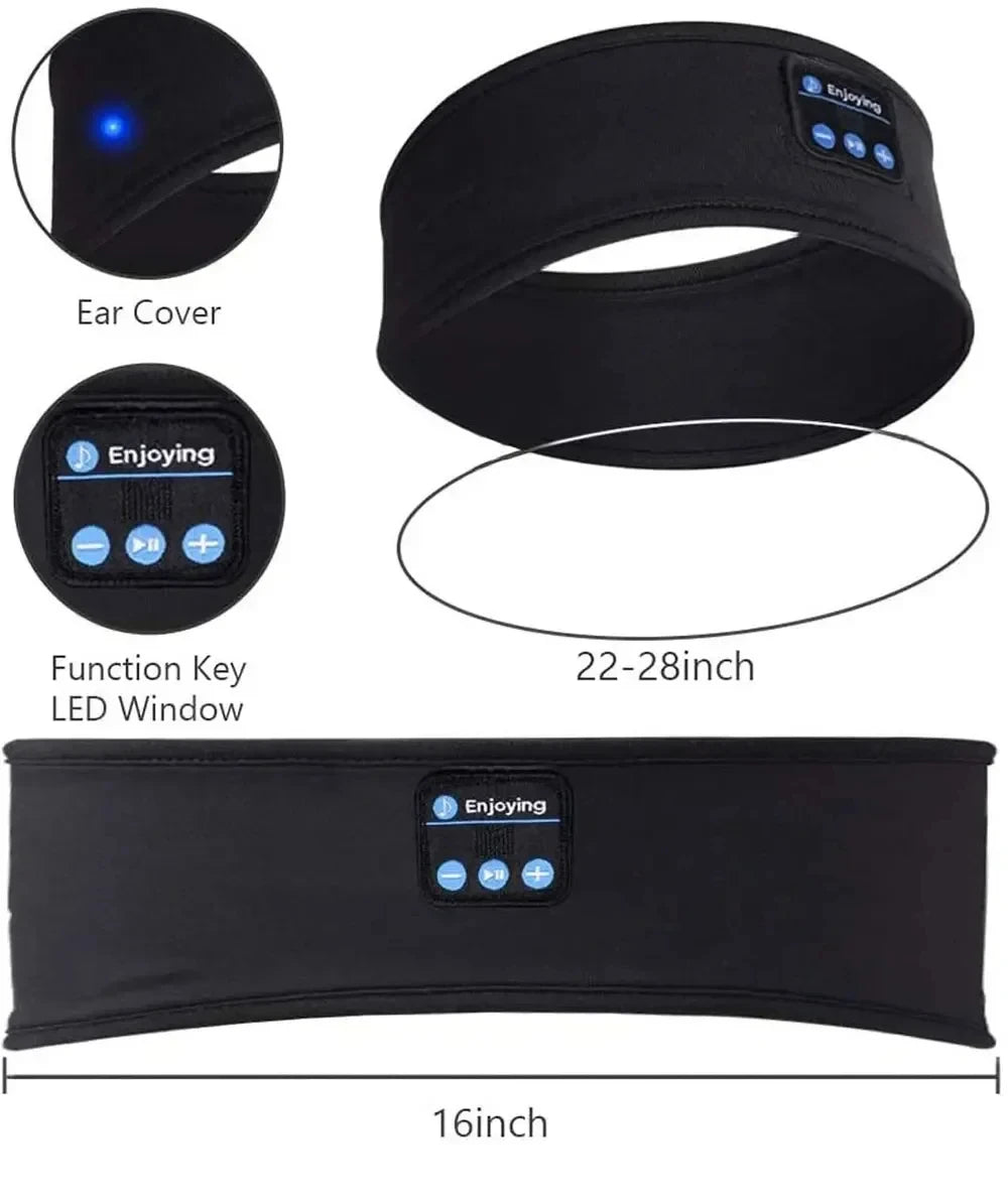 Black wireless sports and sleep headband earphones shown with components including an ear cover and a function key window