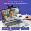 Laptopbildschirm zeigt eine Frau, und eine externe USB-Webcam ist an den Laptop angeschlossen.