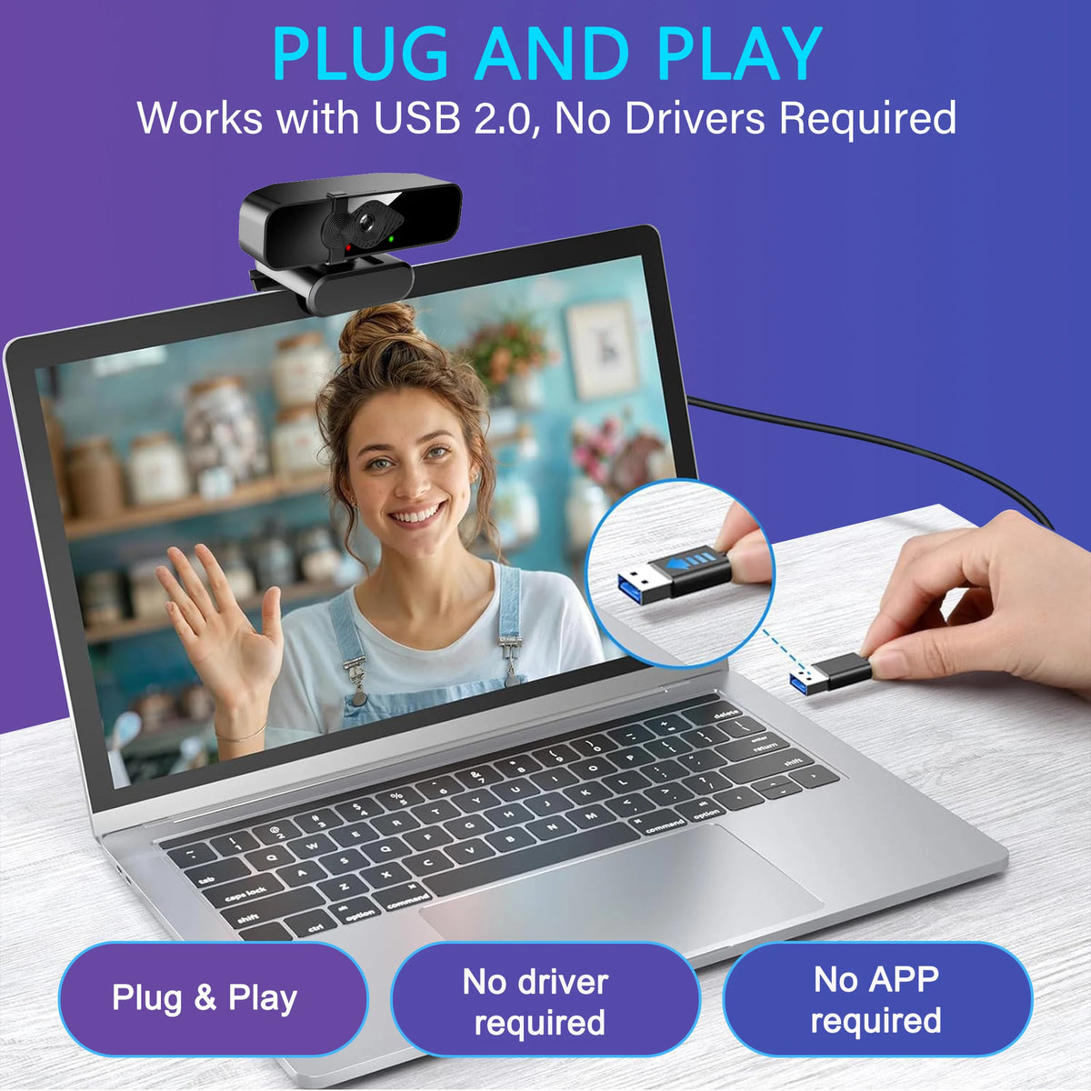 Laptopbildschirm zeigt eine Frau, und eine externe USB-Webcam ist an den Laptop angeschlossen.