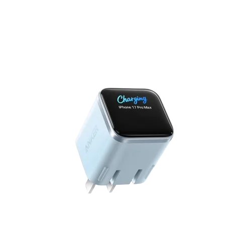 A white ANKER 45W Nano Smart Display Charger with a black charging port for an iPhone 17 Pro Max.
