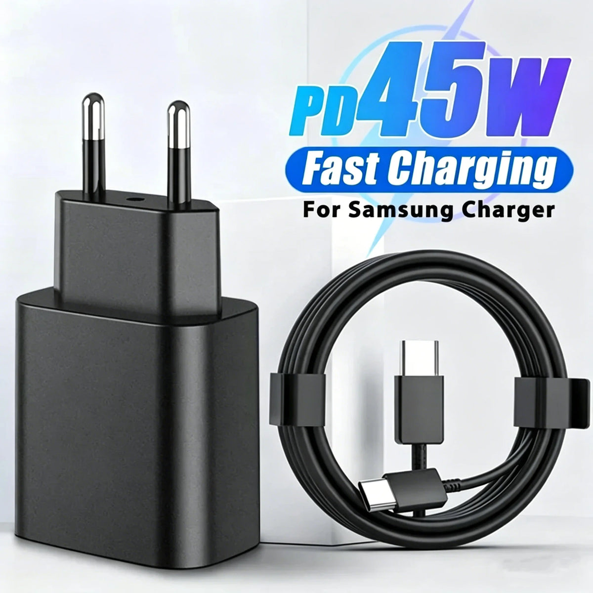 A black PD45W fast charging cable and adapter for a Samsung charger is shown on a white background.