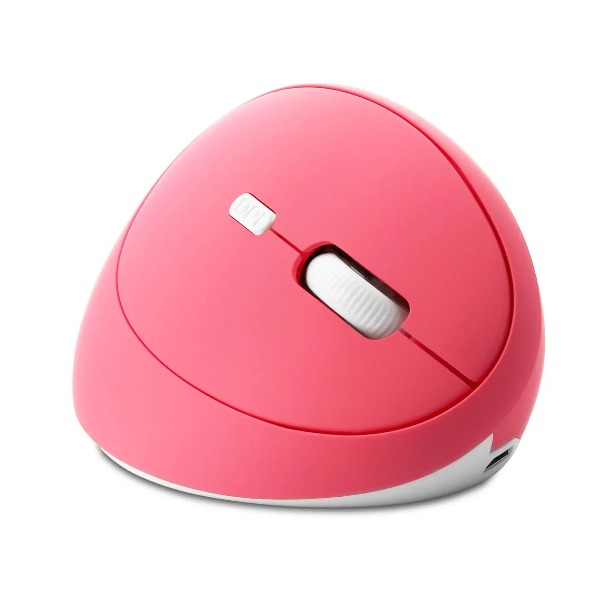 A pink ergonomic vertical wireless gaming mouse with a white scroll wheel and side grip.