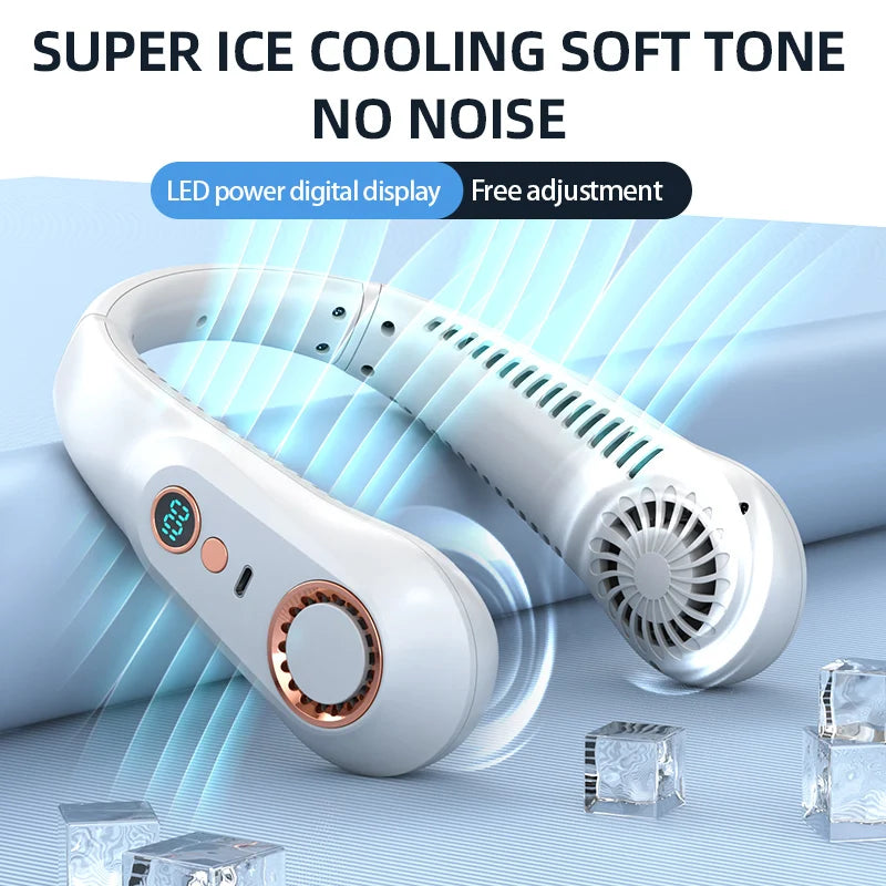 A white bladeless neck fan with a digital display is shown against a blue background, next to ice cubes.