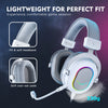 A white FIFINE RGB gaming headset is shown with soft ear pads and a flexible headband, highlighting its lightweight design.