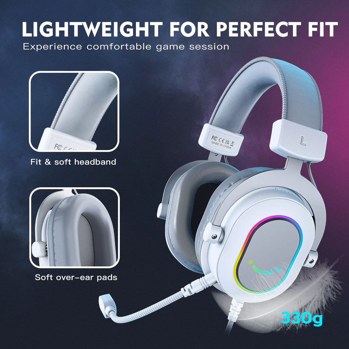 A white FIFINE RGB gaming headset is shown with soft ear pads and a flexible headband, highlighting its lightweight design.