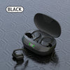 Black Bluetooth ear hooks with microphone shown open on a textured surface.