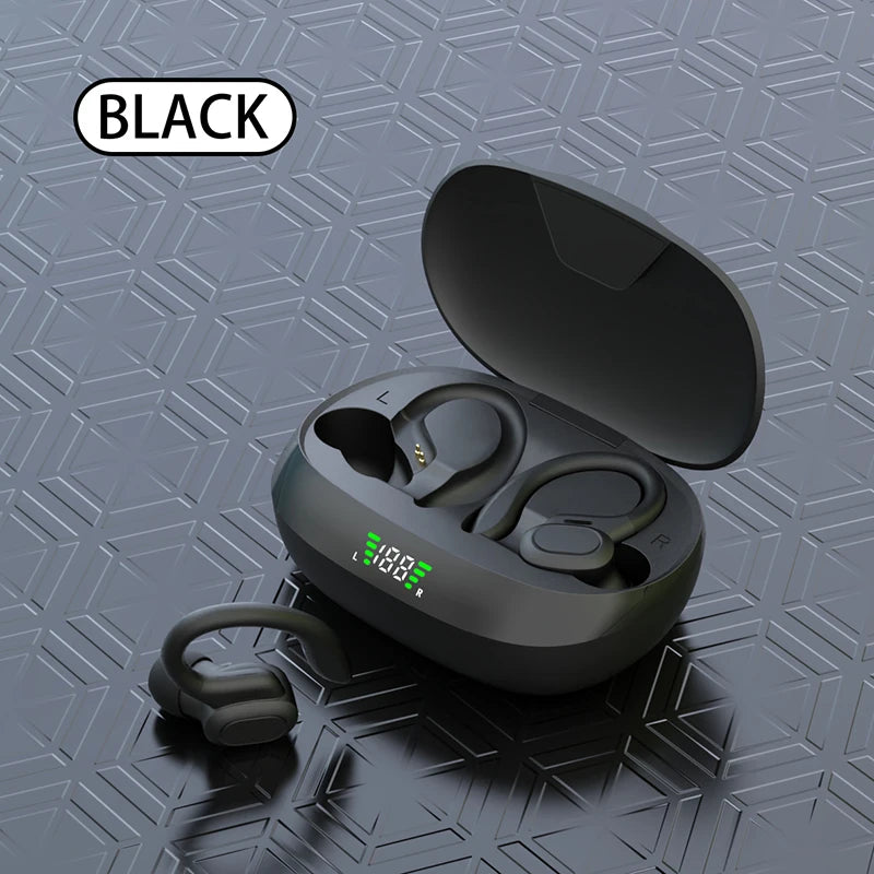Black Bluetooth ear hooks with microphone shown open on a textured surface.