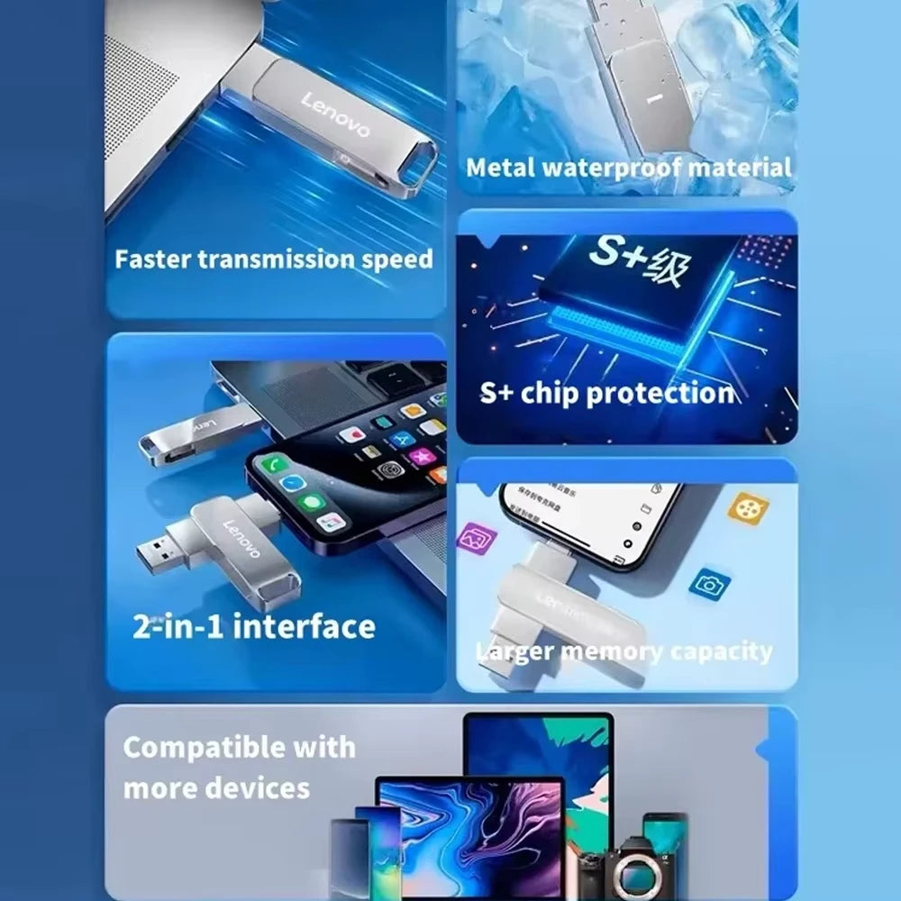 A collection of accessories and a flash drive demonstrating features like faster transmission speed, metal waterproof materia