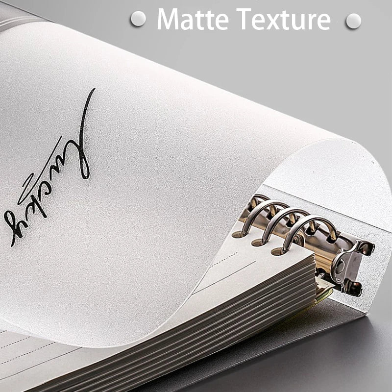 Gros plan d'un carnet à texture mate blanc avec une signature manuscrite sur la page.