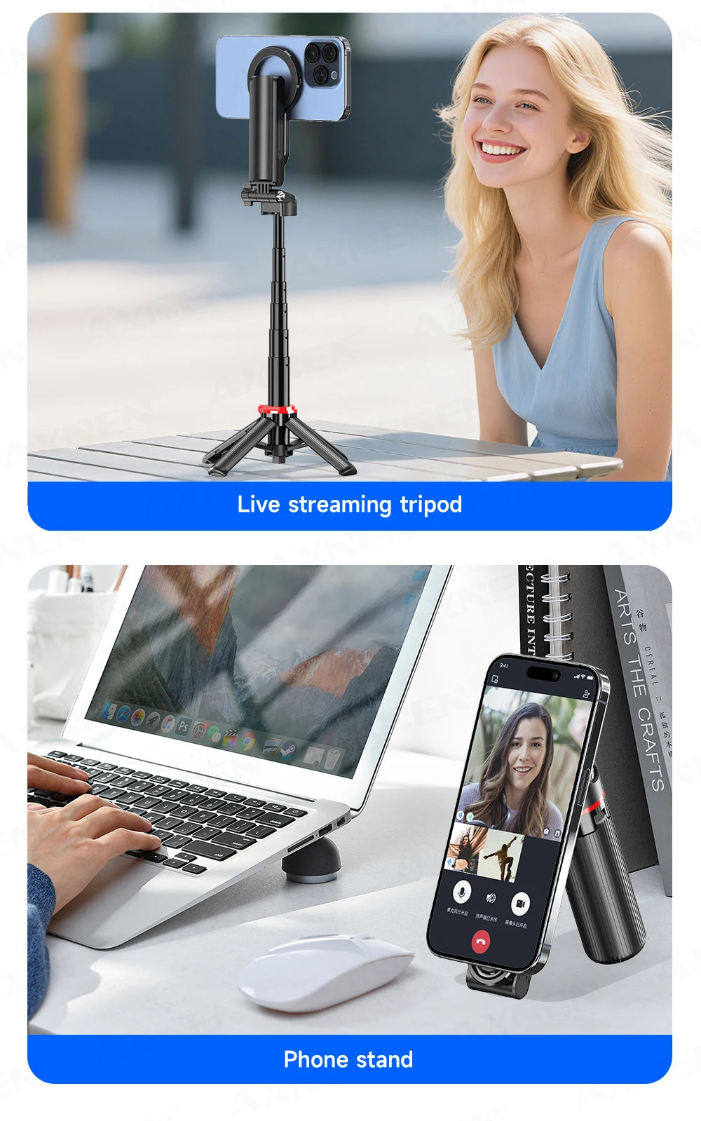A woman smiling while using a live streaming tripod and a phone stand for video recording.