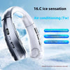 A white portable bladeless neck fan is shown against a snowy background, highlighting its ice sensation and air conditioning 