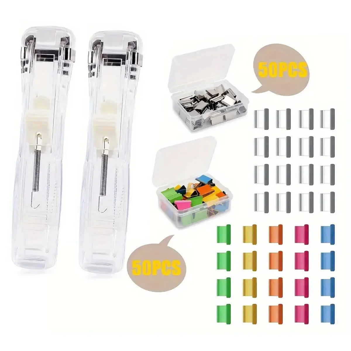 A set of professional clip pusher stapler components including a main body, a stapler, and multiple small metal staples.