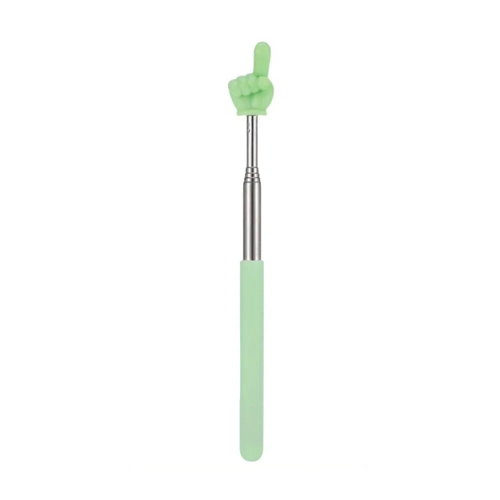 A telescopic stainless steel teaching pointer with a green rubber fist at the top.
